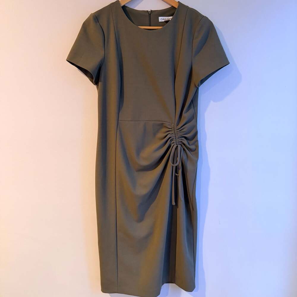 Calvin Klein Olive Green Short Sleeve Cinched Tie Accent Sheath Dress Size 8